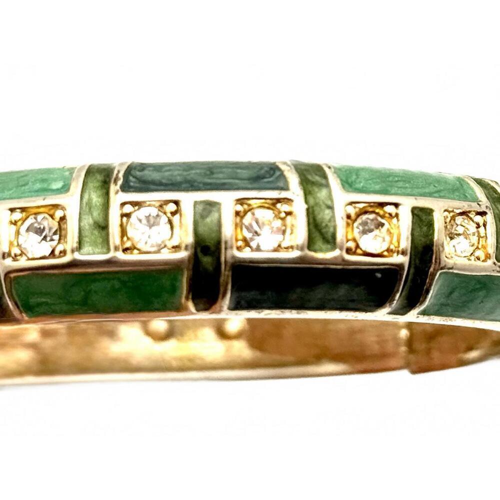 Green Enamel Hinged Bangle Bracelet w/ Rhinestones – Gold Tone – Vintage Style - Picture 7 of 8